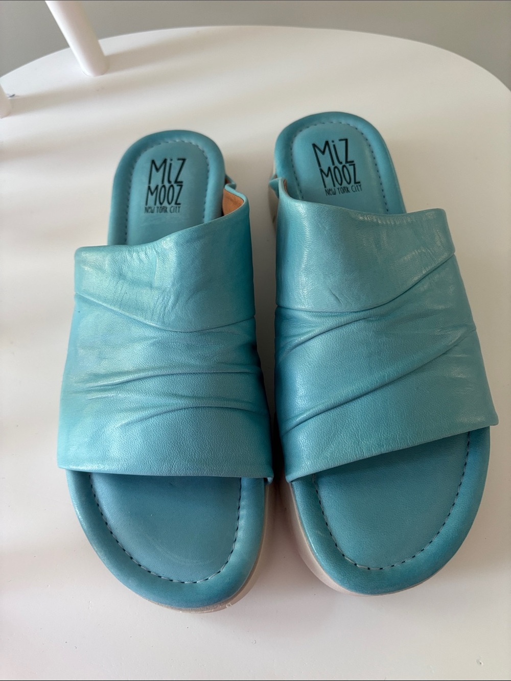 NWOT Miz Mooz Aqua Blue Ruched Leather Slide Sandals